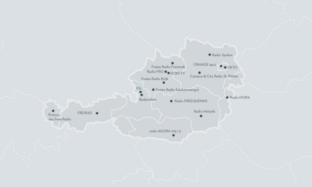Österreichkarte mit den 17 freien Sendern des VRFÖ