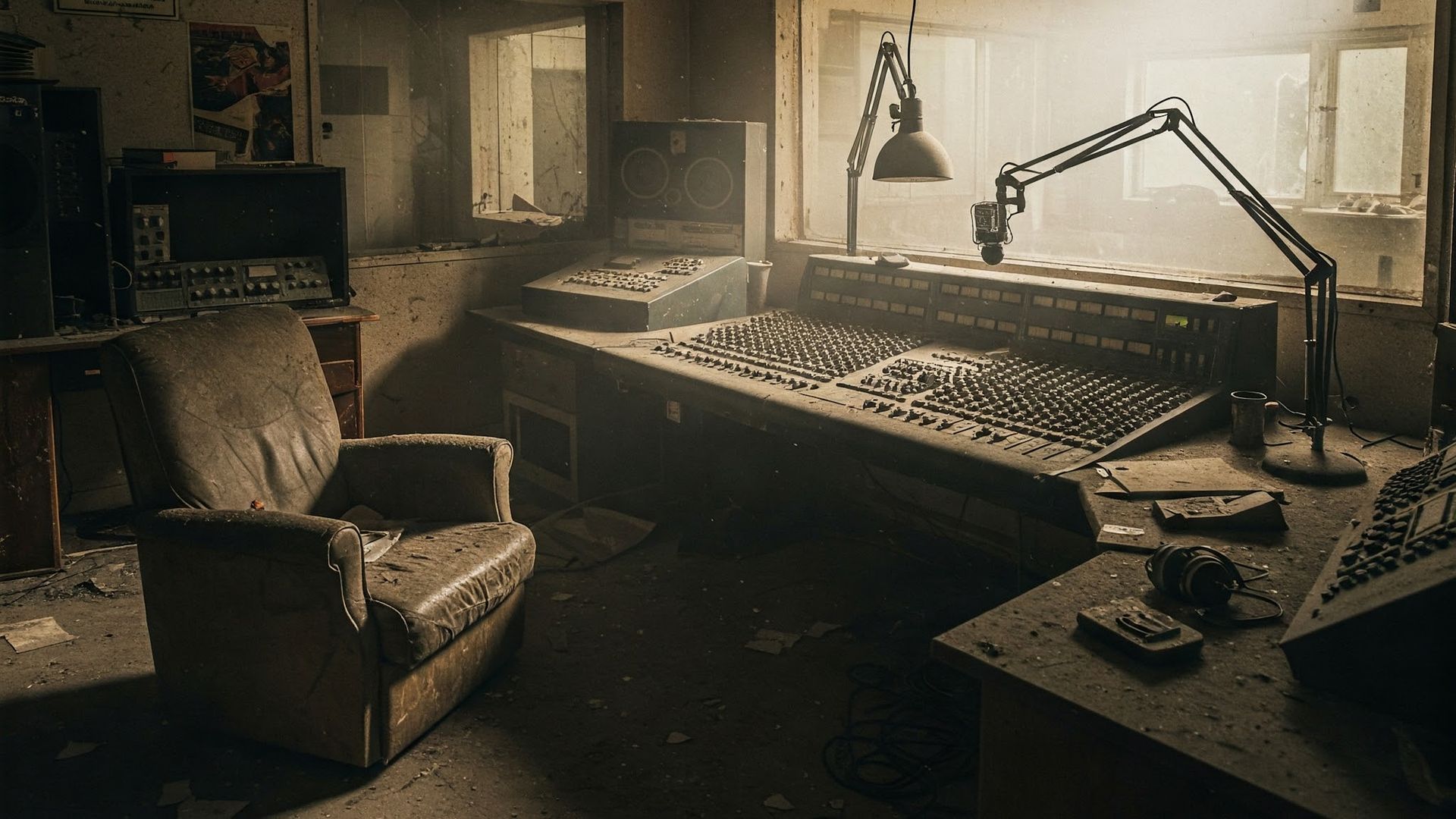 Verstaubtes und vergilbtes Radiostudio mit einem alten Sessel und alten Mischgeräten
